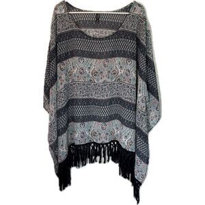 Massini Black and Gray Poncho Sweater with Fringe